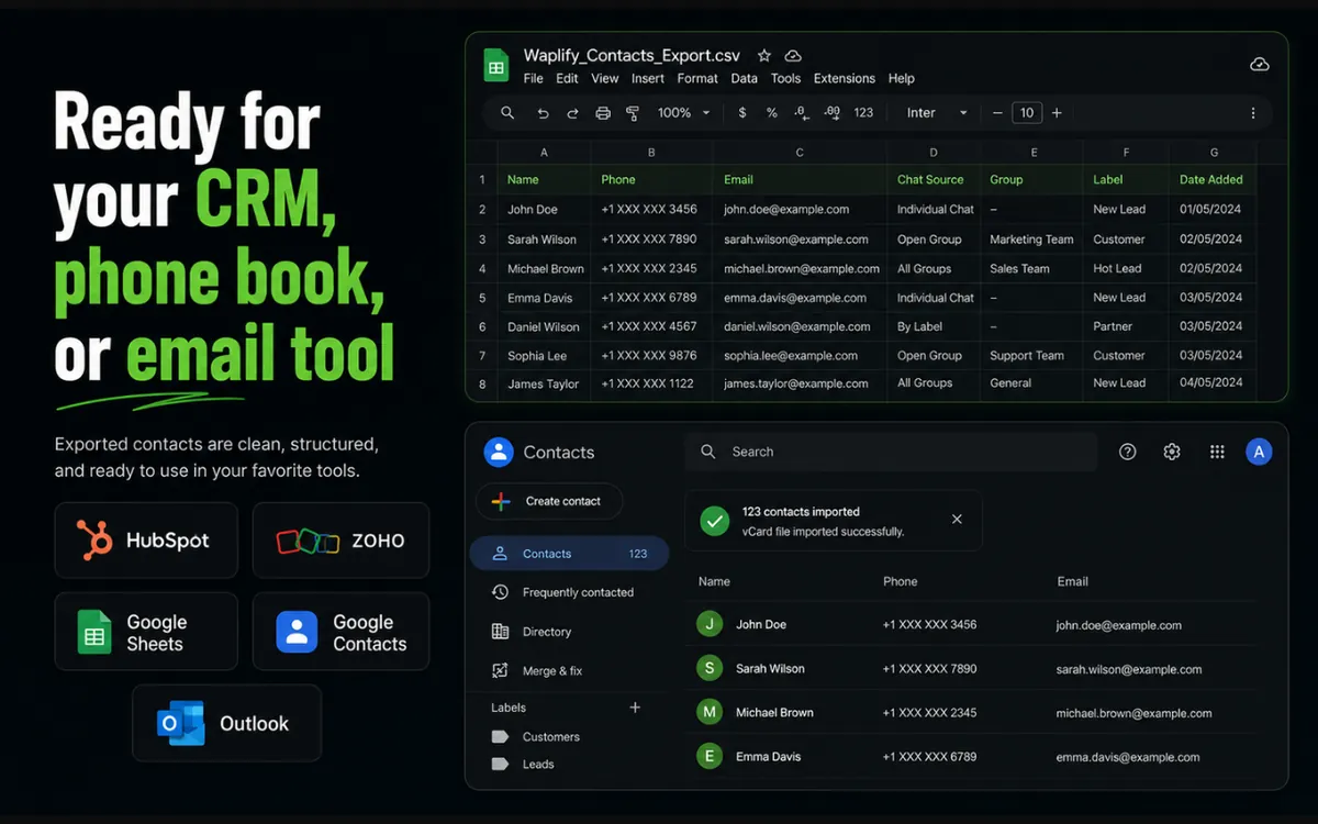 Exported WhatsApp contacts shown in a spreadsheet and in Google Contacts, ready for HubSpot, ZOHO, Google Sheets, Google Contacts, and Outlook