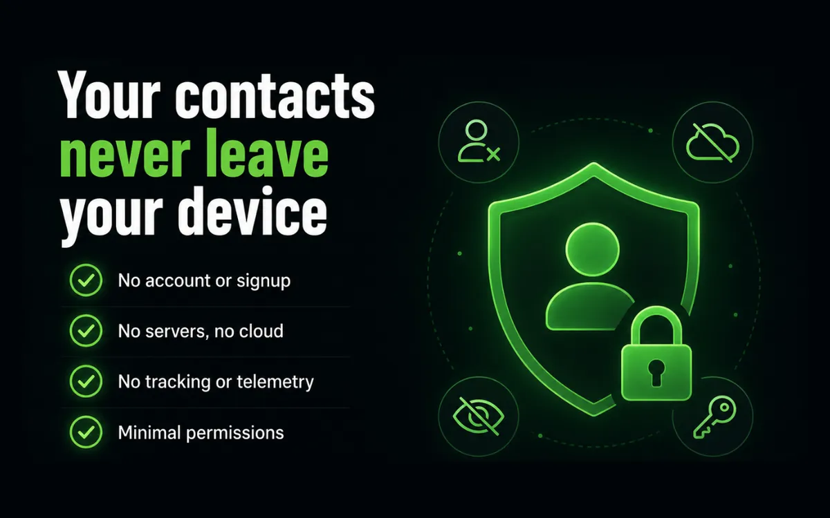 Privacy promise: contacts never leave your device. No account or signup, no servers or cloud, no tracking or telemetry, minimal permissions
