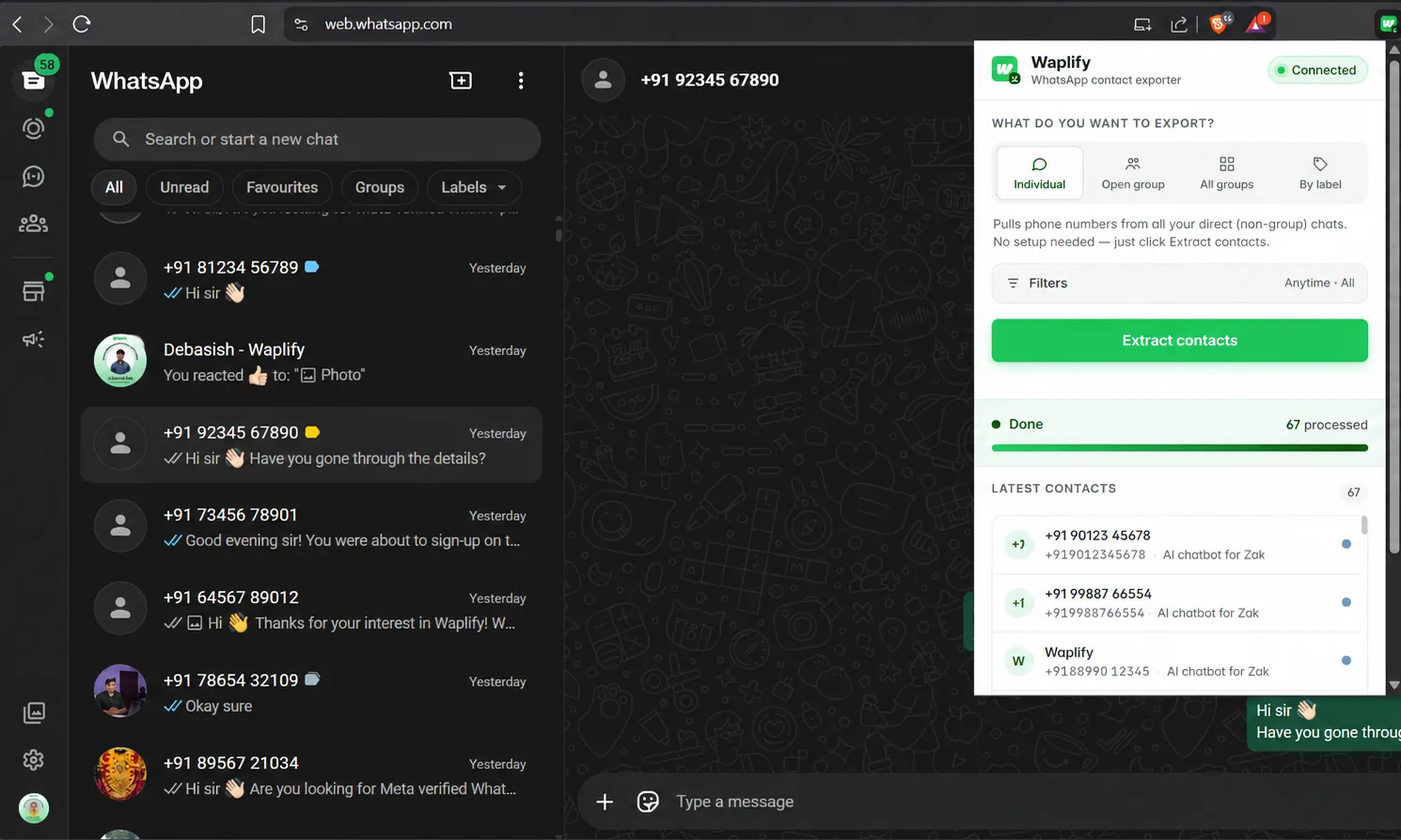 Waplify Contact Extractor running on WhatsApp Web with 67 contacts already processed and a populated Latest Contacts list ready to download as CSV or VCF